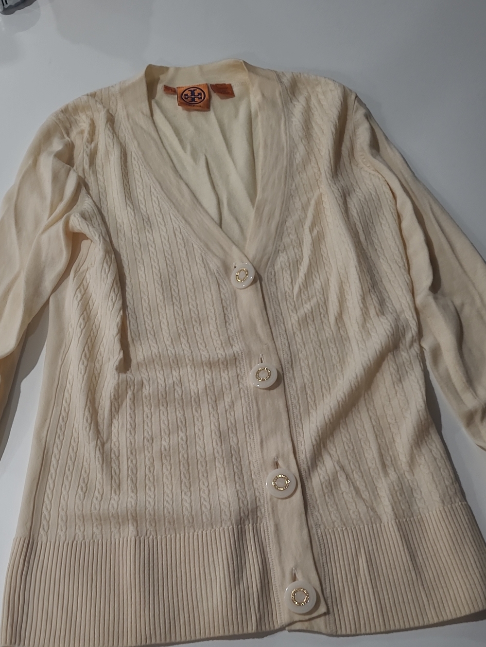 Tory Burch Cream Cable-Detail V-Neck Cardigan with Gold Buttons